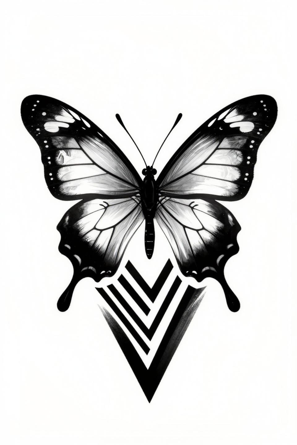 tribal geometric clearwing butterfly tattoo flash, dorsal spread-wing display, diamond tribal frame, bold 2-3pt black outlines, dense flat black fills, opaque forewings with white spot clusters