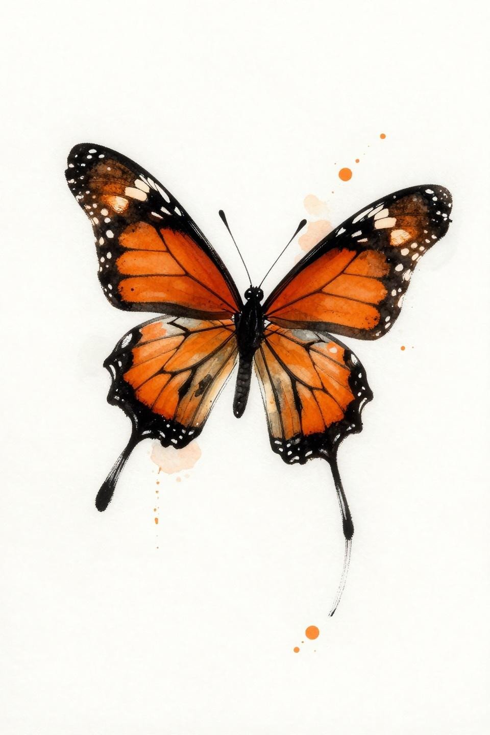 watercolor splash style monarch butterfly tattoo flash, loose orange wash bleeding behind bold black vein linework, asymmetric mid-flight composition, calligraphic brush marks, burnt orange and black ink