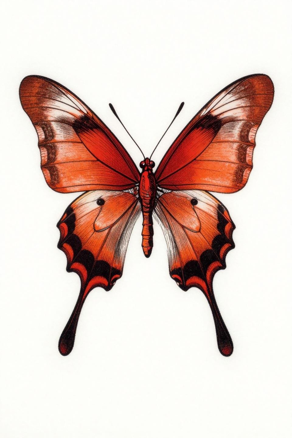 etching woodcut style longwing butterfly tattoo flash, parallel-line engraving, dense crosshatch shadow zones, crimson red accent on black ink, centered resting pose with russet-orange coloration