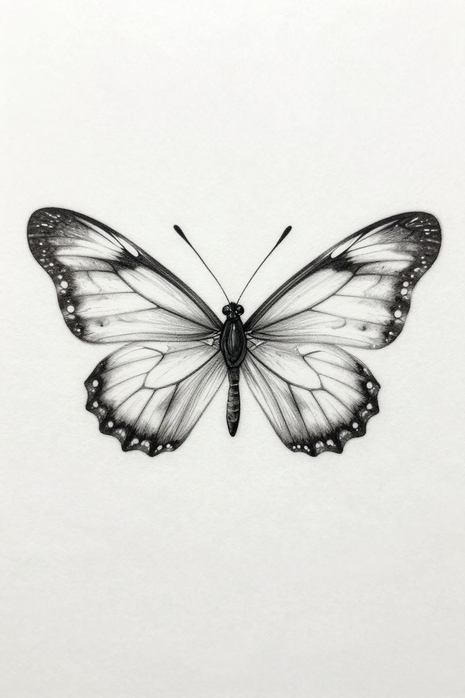 fine line butterfly tattoo minimal glasswing ventral view, hairline 0.5mm single needle open negative space vein scaffolding no grey wash flash reference