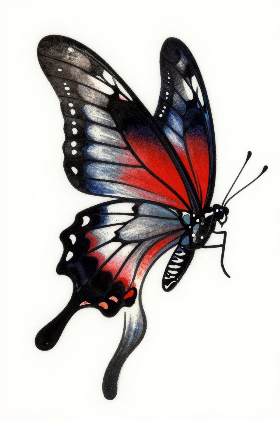 butterfly tattoo designs Japanese irezumi style, Papilio blumei swallowtail mid-flight asymmetric pose, bold outlines deep indigo crimson flat color fills flash