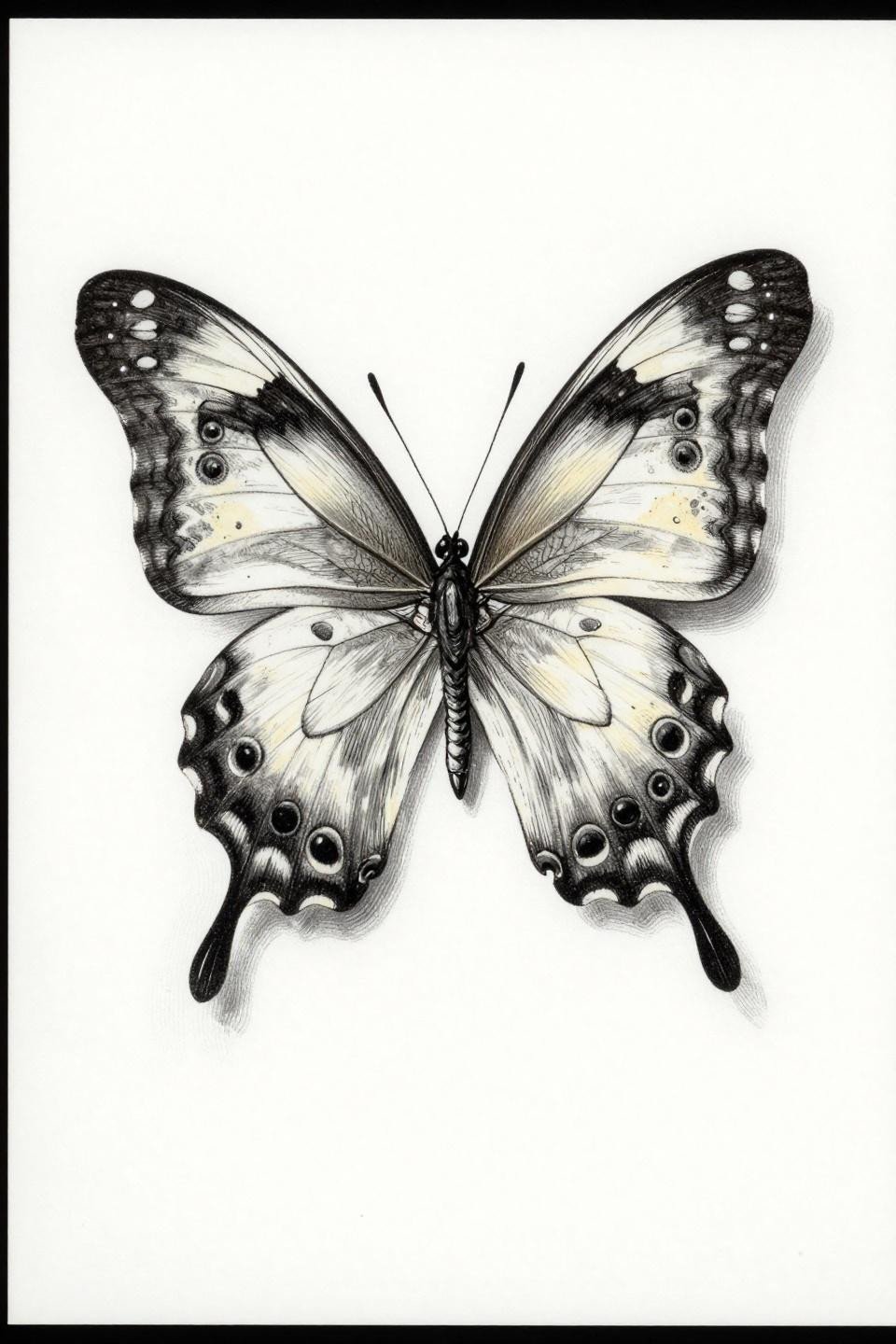 butterfly tattoo arm crosshatch etching style, morpho butterfly ventral view eyespot rings, fine 0.5pt parallel crosshatch shadow hatching dense black grey wash flash
