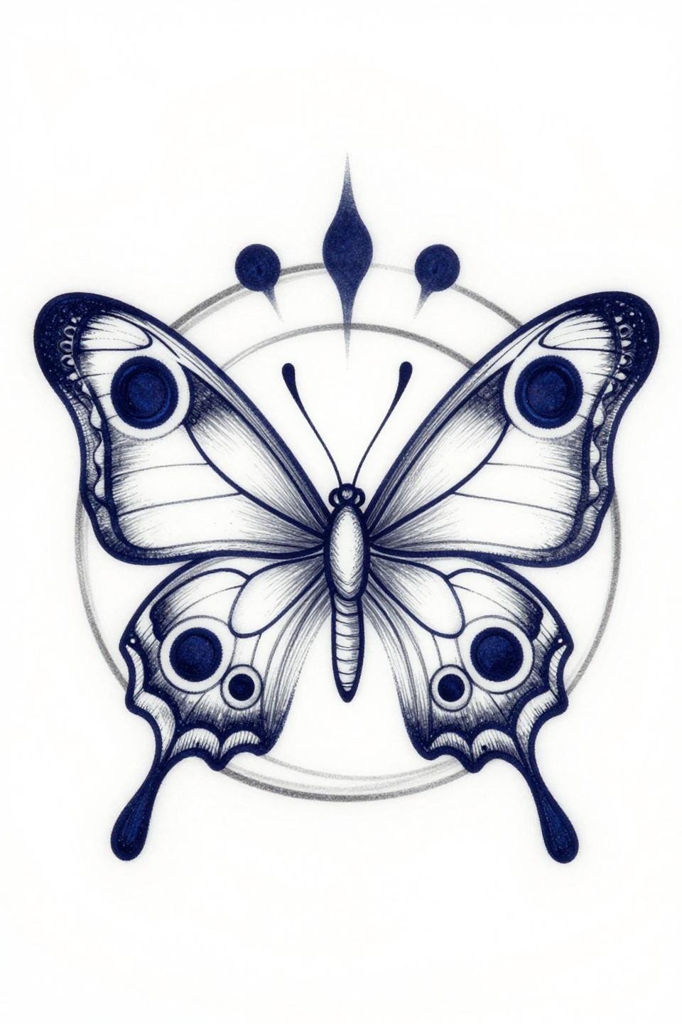 butterfly tattoo stencil continuous single line style, peacock butterfly dorsal eyespot rings mandala composition, navy blue black fluid single-weight linework flash