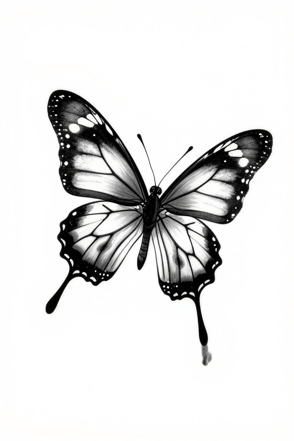 butterfly tattoo stencil botanical scientific style, monarch butterfly profile folded wings vertical vein detail, sharp 1pt vector-precision outlines grey wash midtones flash