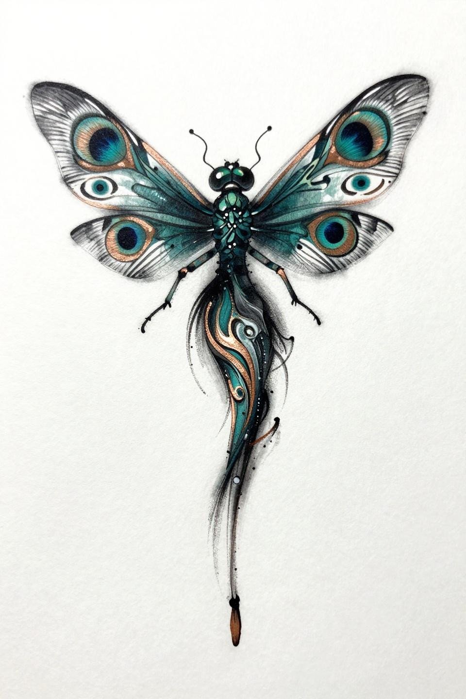 collarbone dragonfly tattoo art nouveau flash, elongated segmented abdomen, peacock-eye ocelli within curved wing frames, calligraphic brush ink marks, deep teal with copper metallic accent