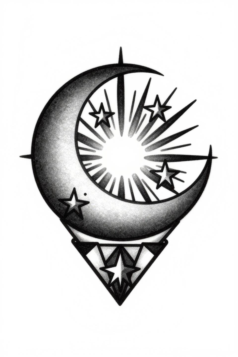 collarbone tattoo art deco flash, crescent moon cradling three geometric celestial stars, bold radiating sunburst rays, negative space carved through center, diamond frame bilateral symmetry, bold 2-3pt black outlines flat fills