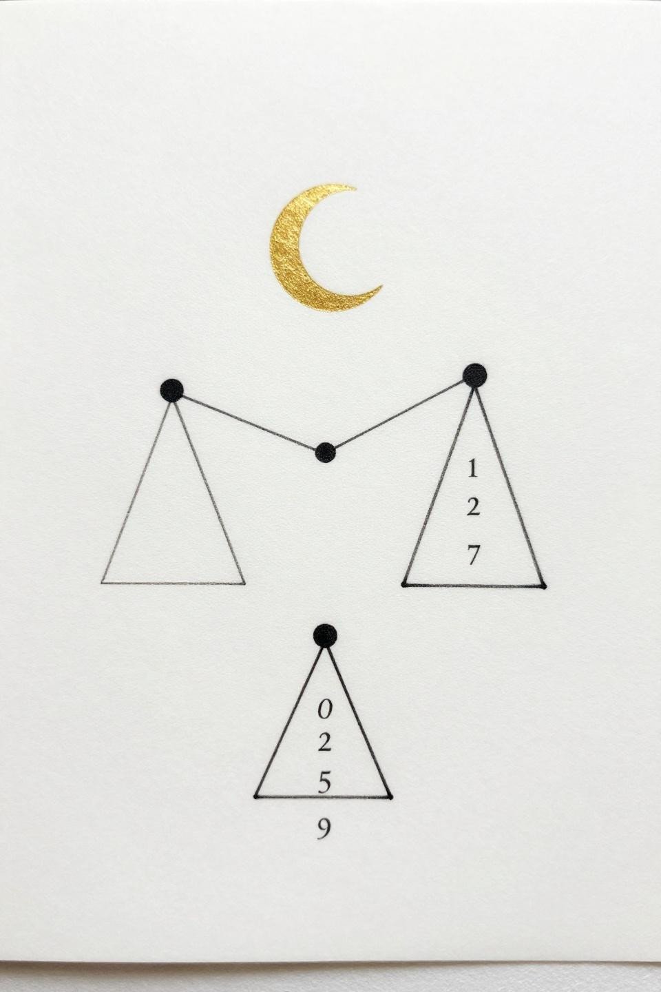 collarbone shoulder tattoo female art nouveau flash, three connected dots minimal constellation, crescent moon upper quadrant, gold metallic and solid black ink, compass-drafted geometry, coordinate numerals