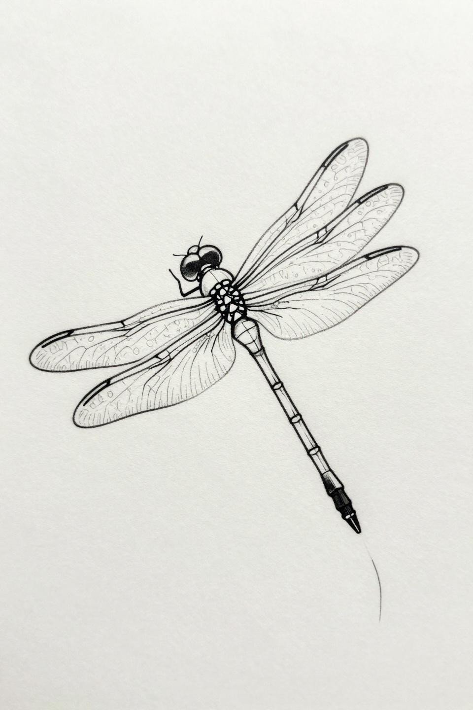 collarbone tattoo dragonfly fine line single continuous line flash, elongated segmented abdomen, transparent wings open negative space hair-thin vein mapping, diagonal flight angle, 0.5mm hairline stroke no fills