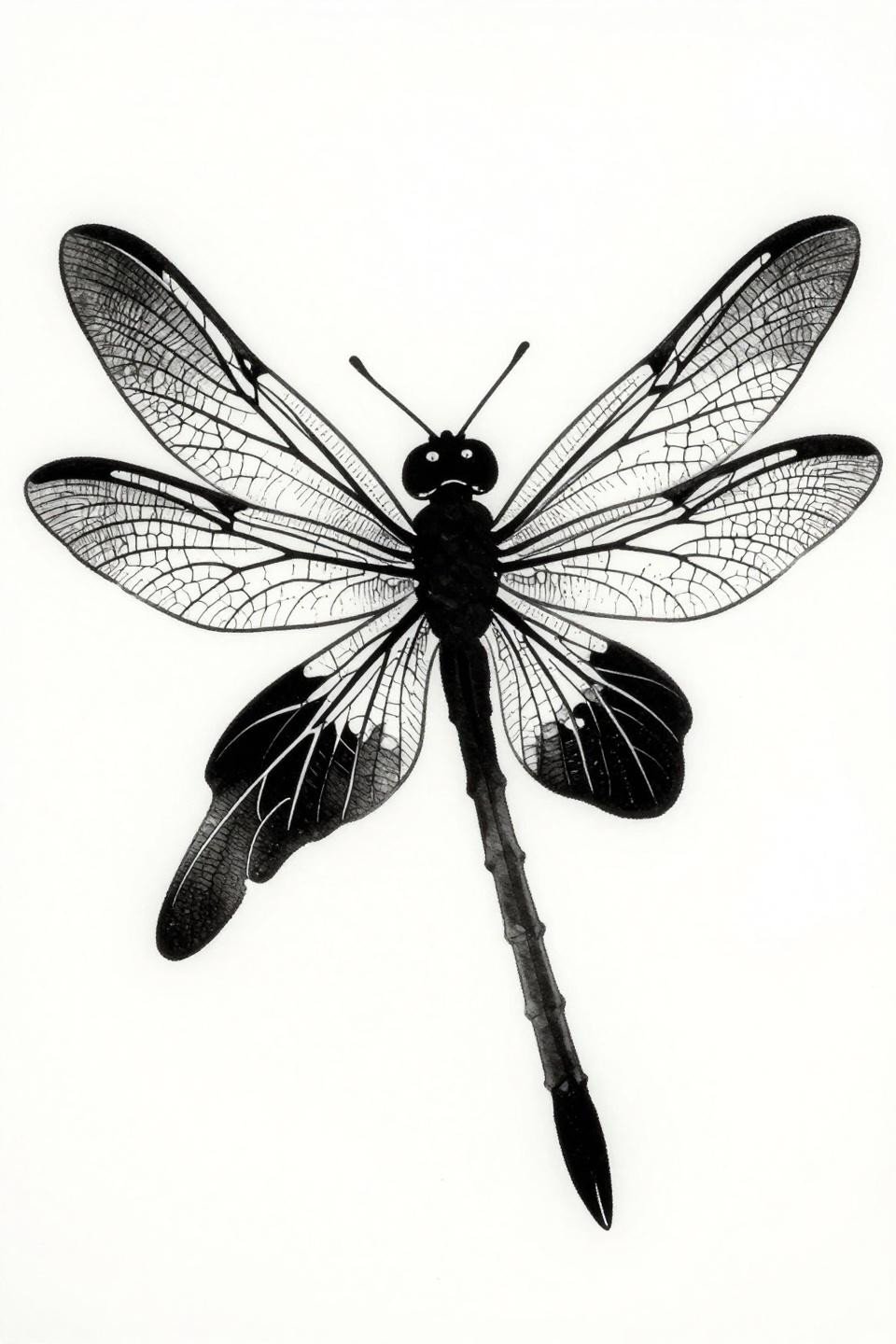 collarbone finger tattoo irezumi dragonfly flash, bold silhouette symmetrical wings, negative space vein tracery within wing panels, bold 2-3pt black outlines flat black fills, Japanese style