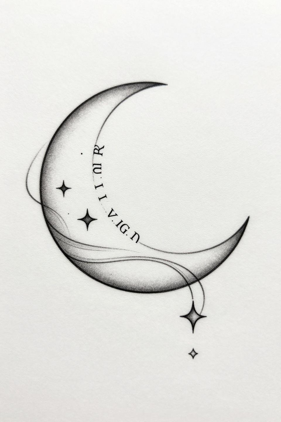 collarbone tattoos for women fine line moon flash, crescent open curve, scattered pinpoint stars horizontal ribbon, serif letterform arc, hairline 0.5mm single-needle strokes, no fills