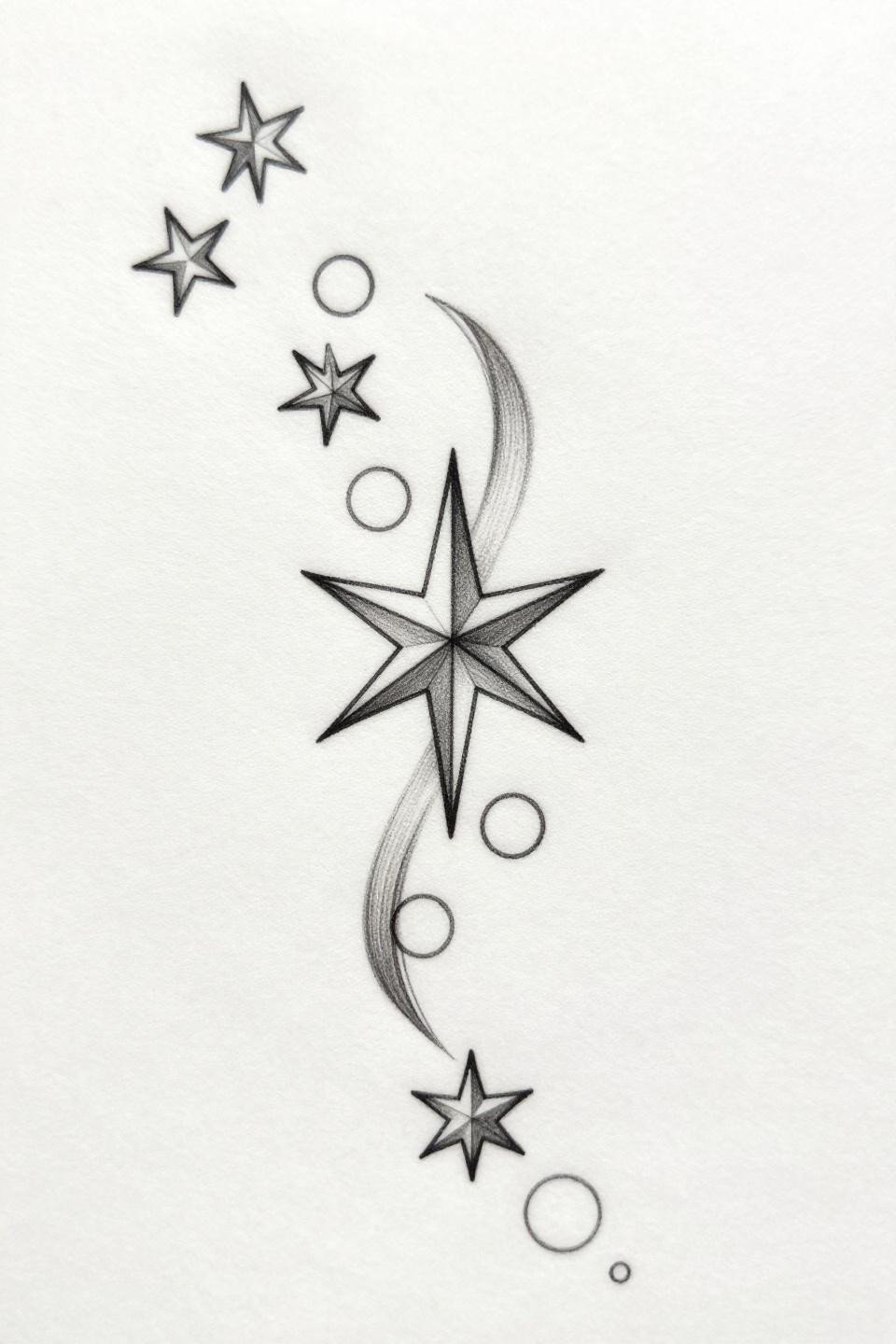 collarbone tattoos for women fine line minimal star flash, seven open circle stars horizontal asymmetric ribbon, enlarged central star intersecting triangles geometric overlay, hairline 0.5mm single-needle strokes zero fill