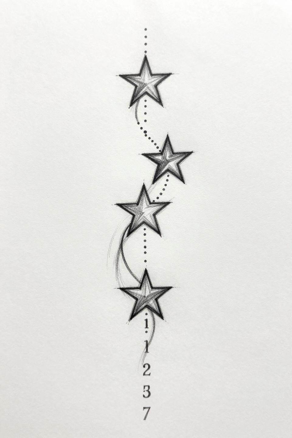 collarbone tattoo sketch raw style flash, four stars connected by dotted pathways vertical arrangement, sine-wave line beneath, loose gestural variable weight linework, grey wash