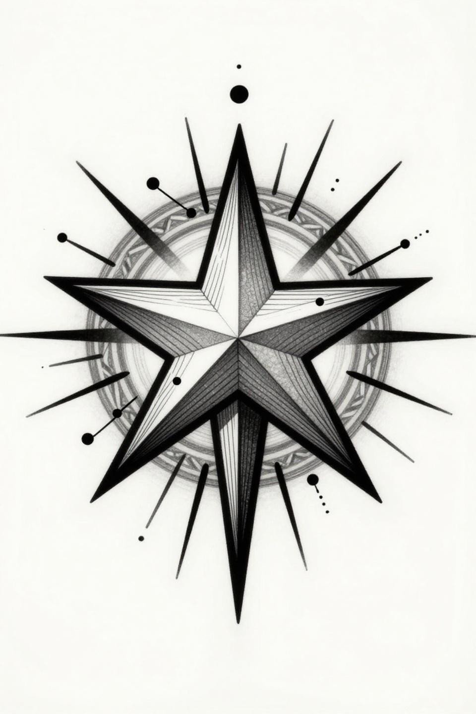 collarbone tattoo star tribal geometric flash, five-pointed star hollow center, fine geometric crosshatch fills each point, orbiting constellation dots, radiating light rays, crosshatch etching shading
