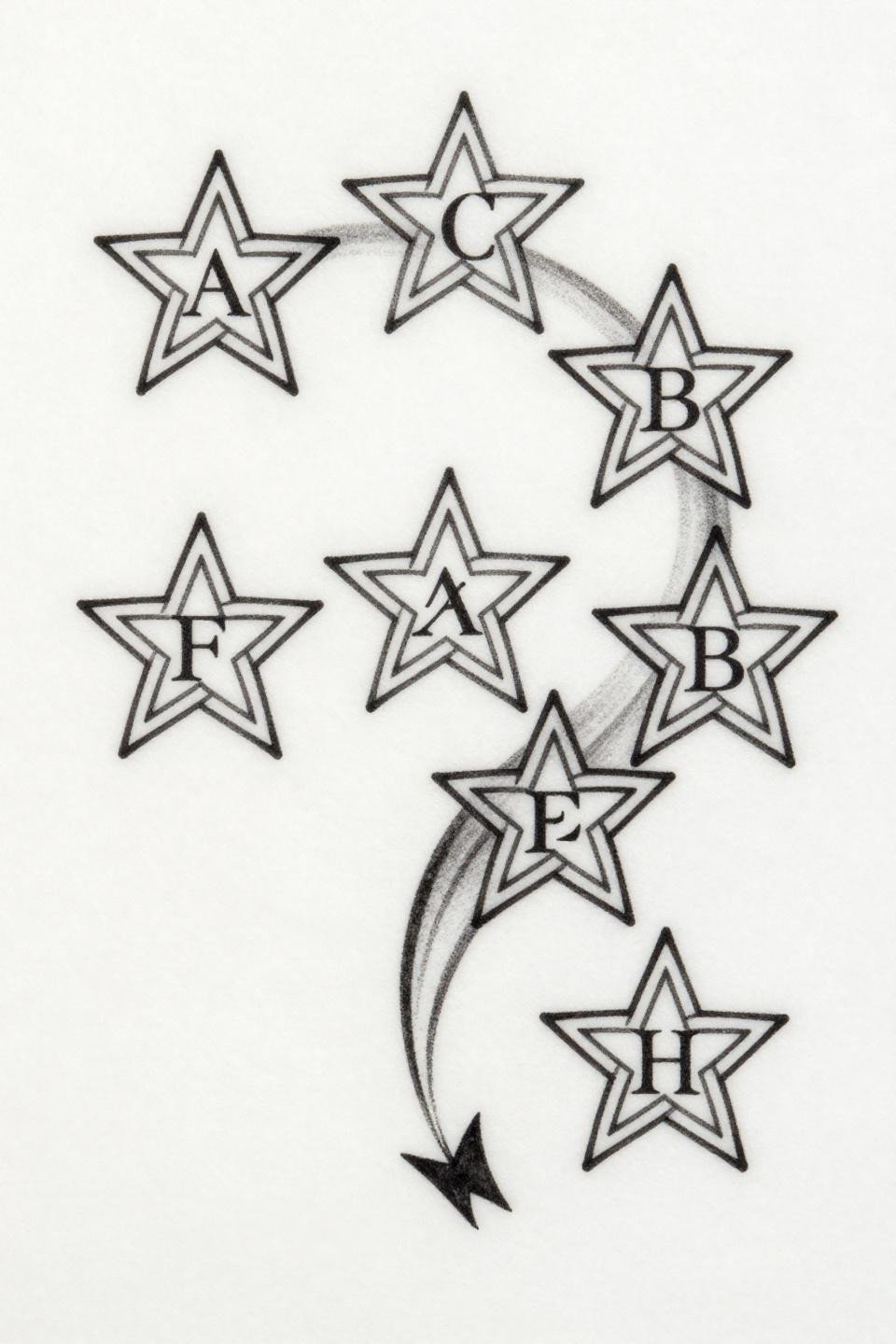 collarbone tattoo celtic knotwork flash, five pentagon stars asymmetric scatter, bold 2-3pt black outlines, interlocking knotwork pathways through star vertices, Roman numerals