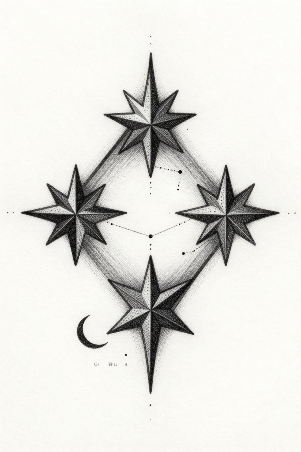 collarbone tattoo meaningful stars etching woodcut flash, three connected stars inverted triangle, dotted constellation lines, crescent moon lower corner, parallel line engraving crosshatch, diamond frame bilateral symmetry