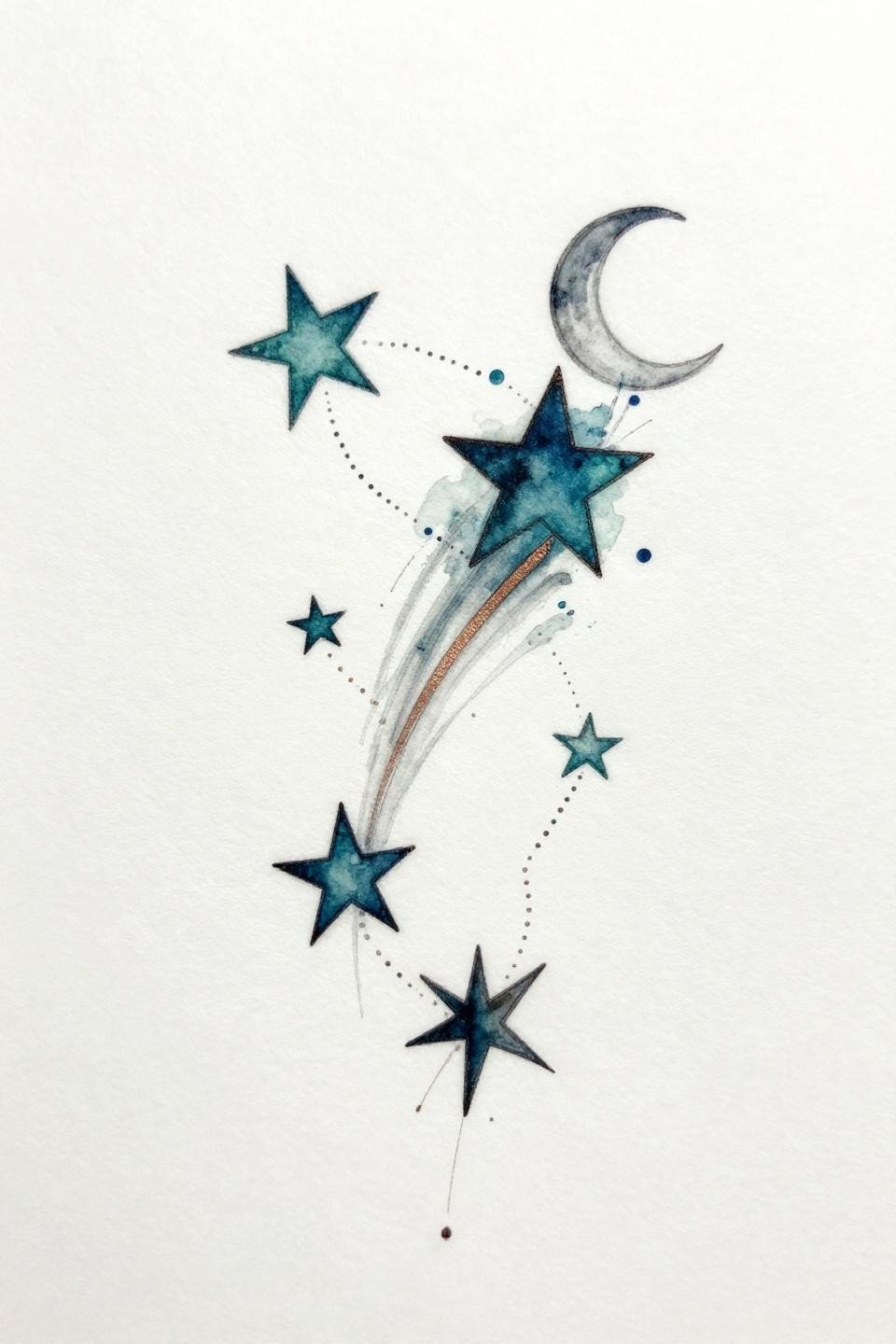 collarbone tattoo ethereal watercolor stars flash, five scattered stars dotted pathways, wispy comet tail diagonal streak, crescent moon integrated into largest star, teal copper metallic ink
