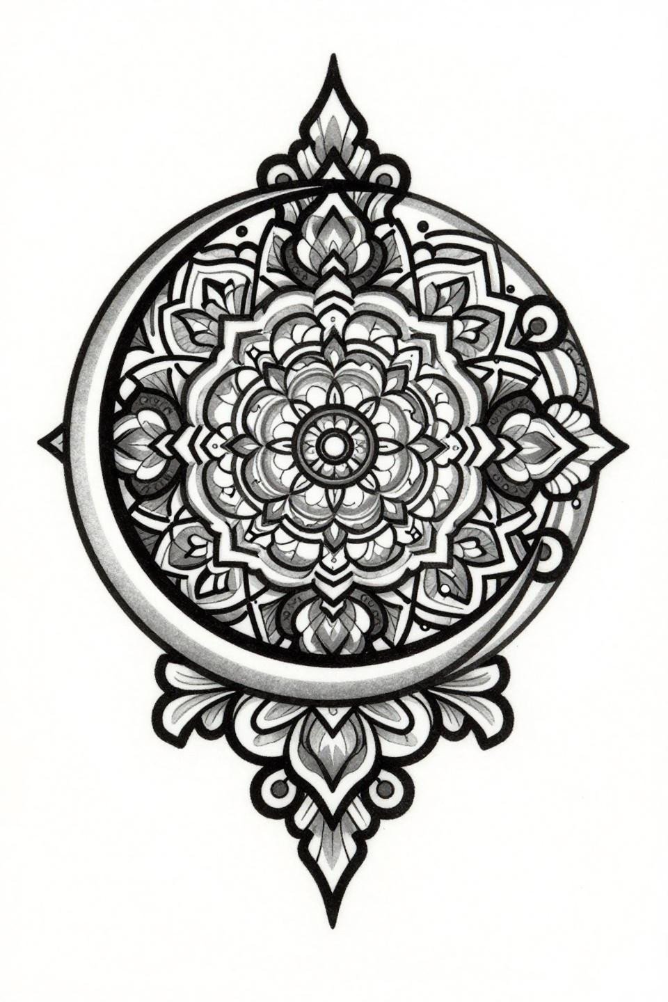 name cover up tattoos for women art deco crescent moon mandala flash, bold 2-3pt outlines, layered floral scroll, fragmented letterform shards, flat color fills bilateral symmetry