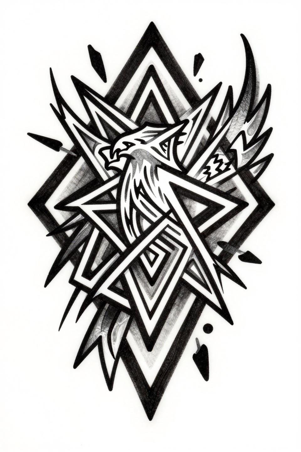 best cover up tattoos for women tribal geometric phoenix flash, bold 3pt black outlines, flat solid black fills, zero gradients, negative space voids through dense triangular shard blackwork, diamond frame composition