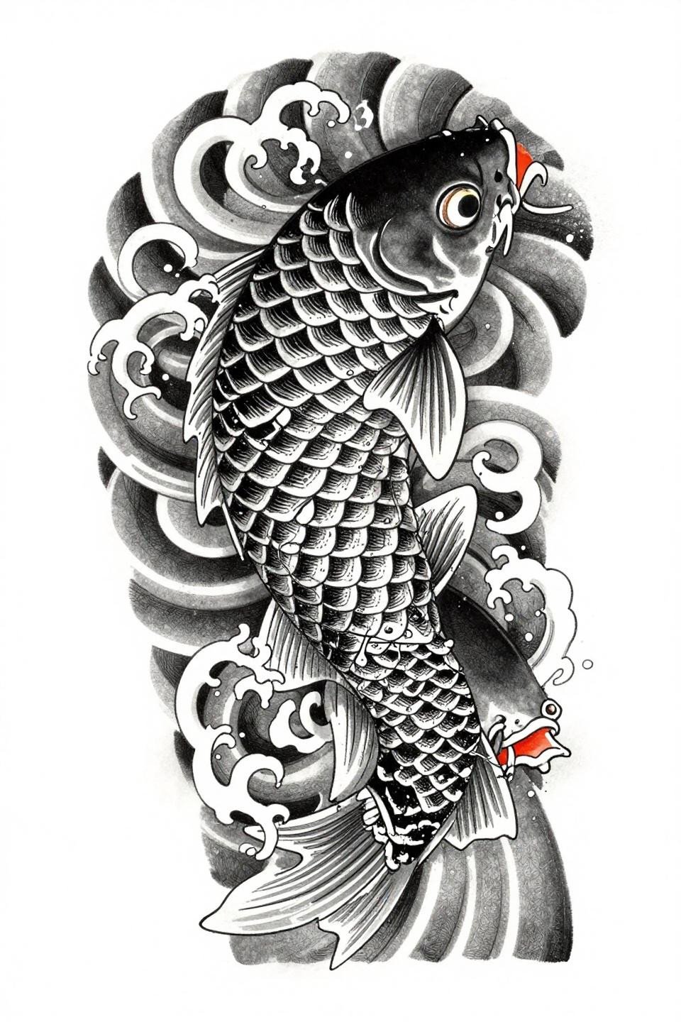cover up tattoo frauen Japanese irezumi koi fish flash, parallel line engraving scales, dense hatching at scale edges, water vortex spirals concealing script, asymmetric diagonal composition upward thrust