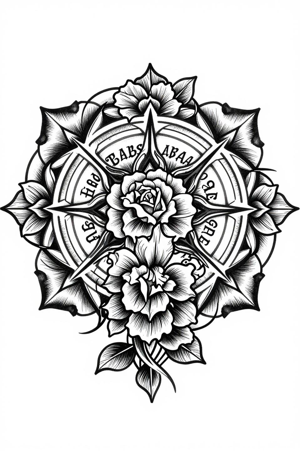 name cover up tattoos for women art nouveau floral mandala flash, whiplash curves, layered rose iris petals, sacred geometry interlocking arcs, bold 2-3pt outlines, obscured script letterforms beneath botanical tiers