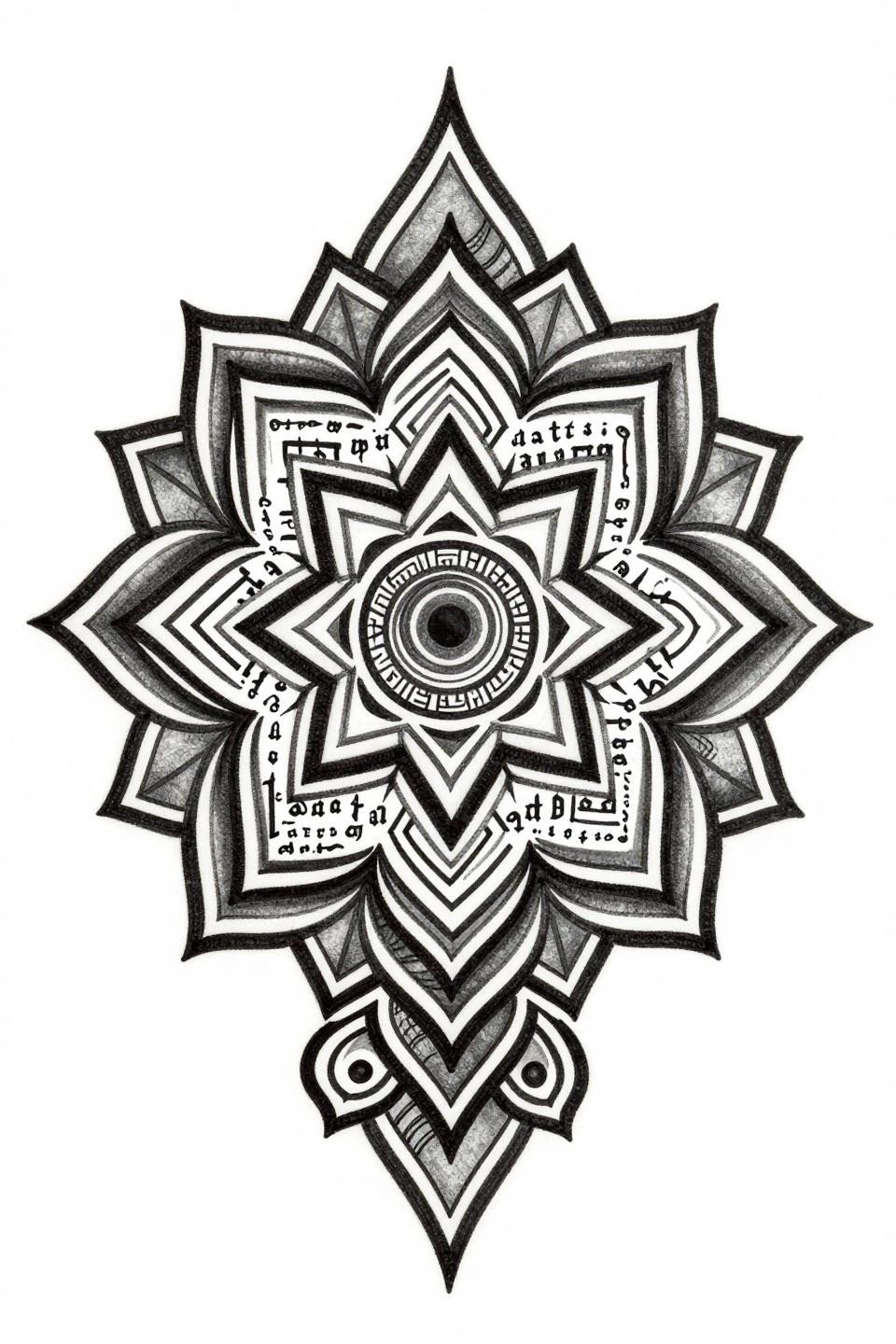 best cover up tattoos for women, Sak Yant lotus mandala flash, bold 2-3pt black outlines, interlocking sacred geometry triangles, bilateral symmetry, flat ink fills covering script fragments