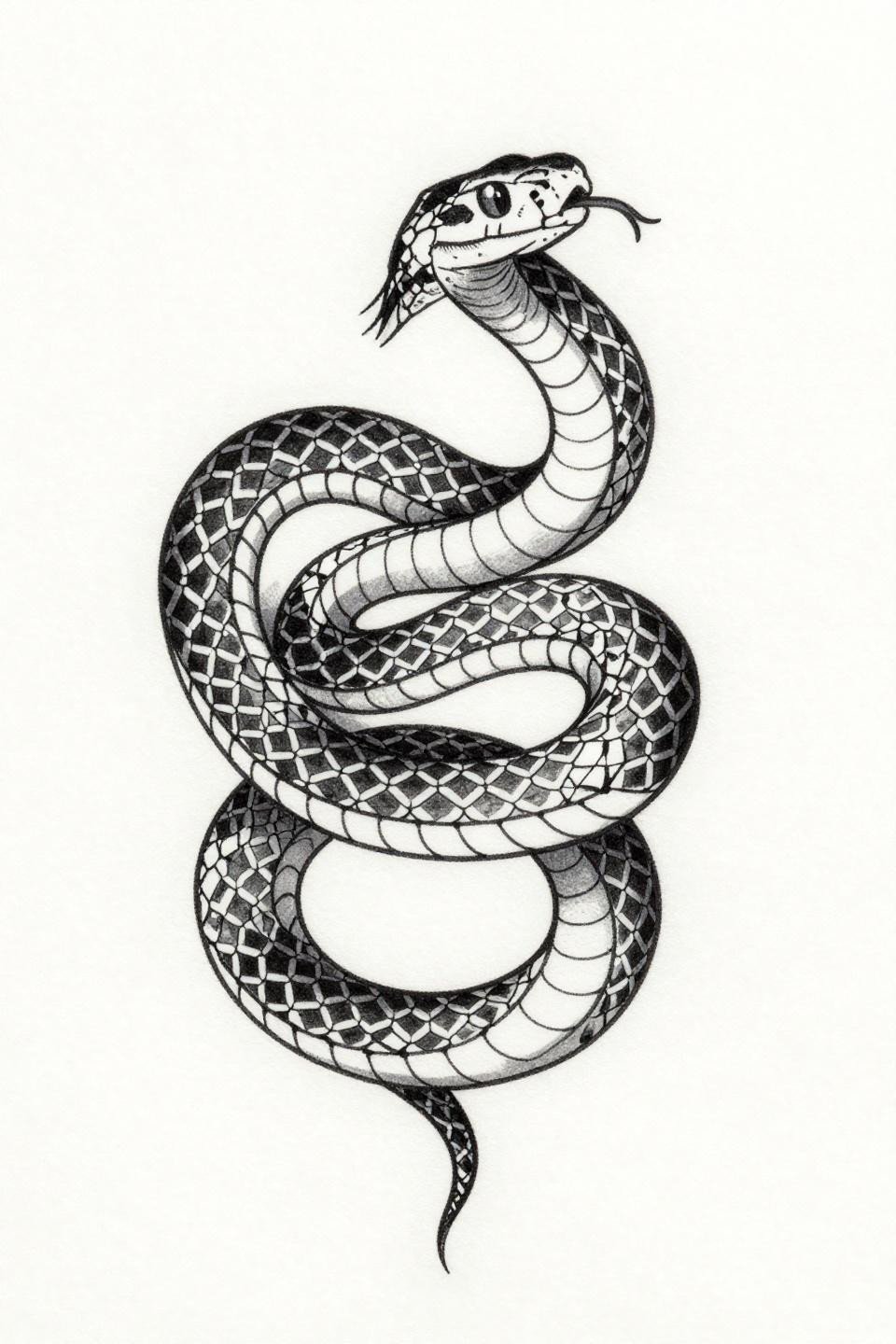 cover up tattoo frauen geometric snake fine line flash, single needle 0.5mm, figure-eight infinity coil, hexagonal scale tiles, fragmented letterform shards beneath serpentine curves