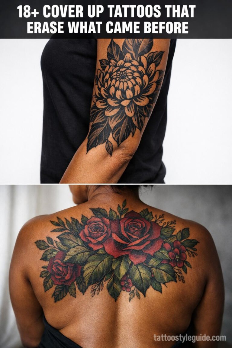 Cover-up tattoo collage: blackwork chrysanthemum on olive forearm, neo-traditional botanical back piece on deep brown skin, bold outlines, healed ink