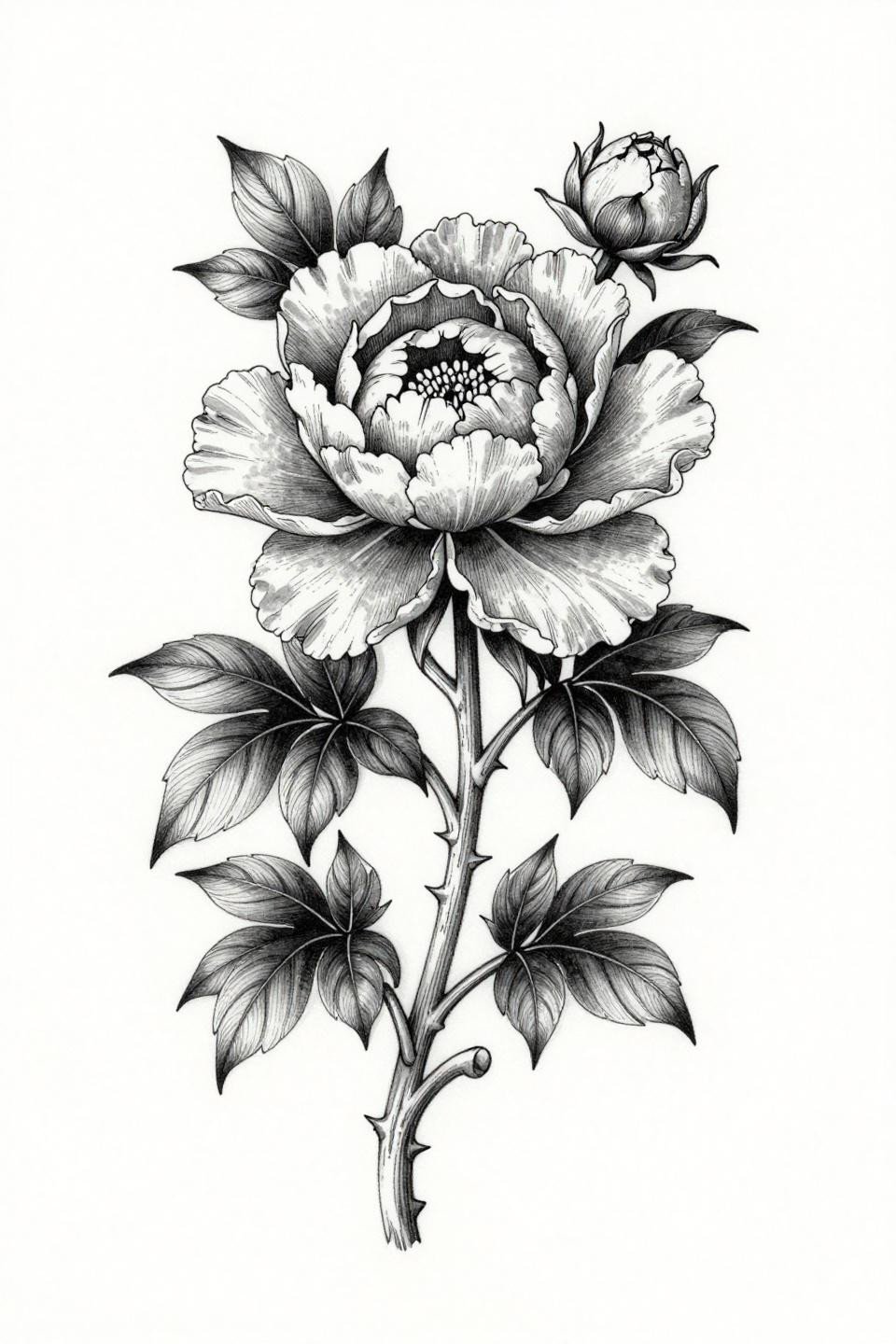 coverup tattoo designs for women botanical peony flash, 0.5mm hairline etching strokes, fine crosshatch shading, intertwining thorned vine tendrils, asymmetric vertical organic flow composition