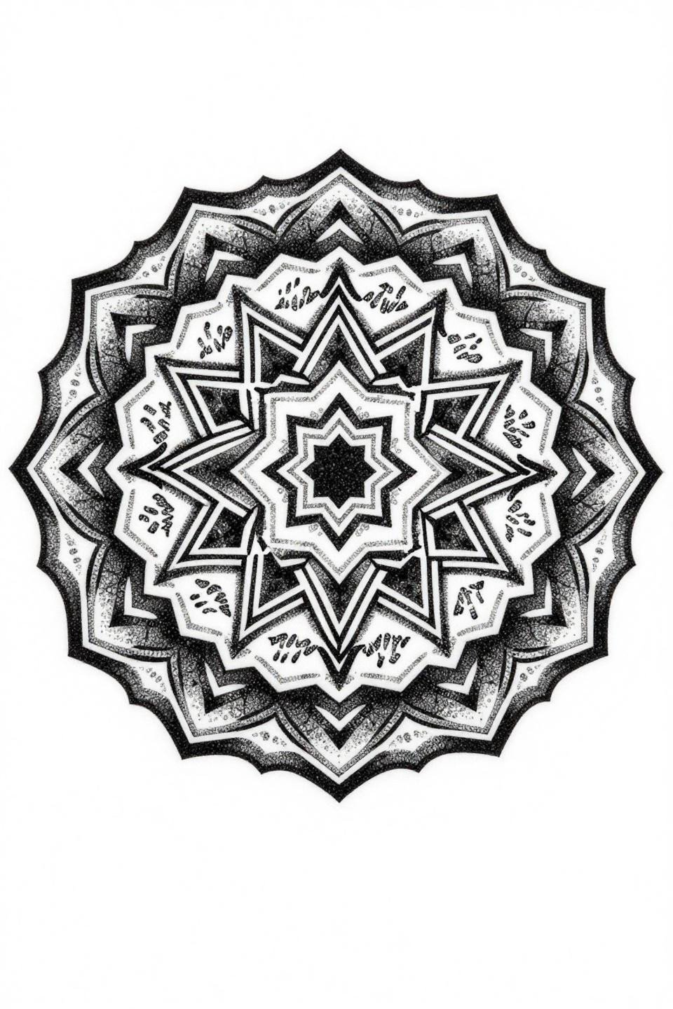 coverup tattoo ideas blackwork dotwork mandala flash, dense stipple dot gradient, hexagonal tessellation, bilateral symmetry, fragmented script beneath angular star patterns, no outline dependency