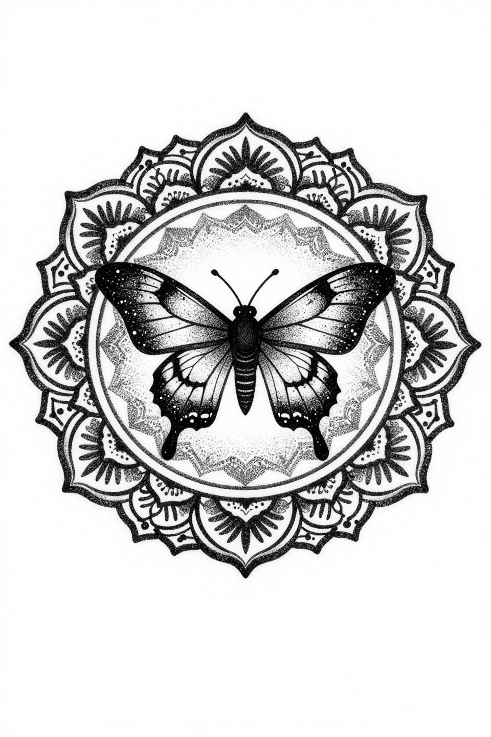 coverup tattoo ideas blackwork dotwork moth mandala flash, negative space moth silhouette at center, dense stipple dot gradient center to edges, concentric geometric rings, lacework border bilateral symmetry