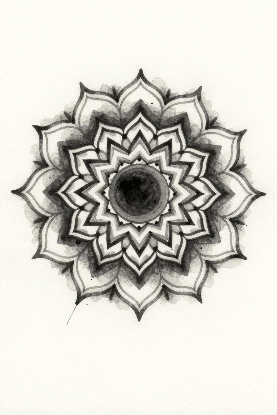 dark coverup tattoo ideas, circular sun mandala watercolor flash, wet ink bloom, dense black geometric core with open grey wash feathered outer edge