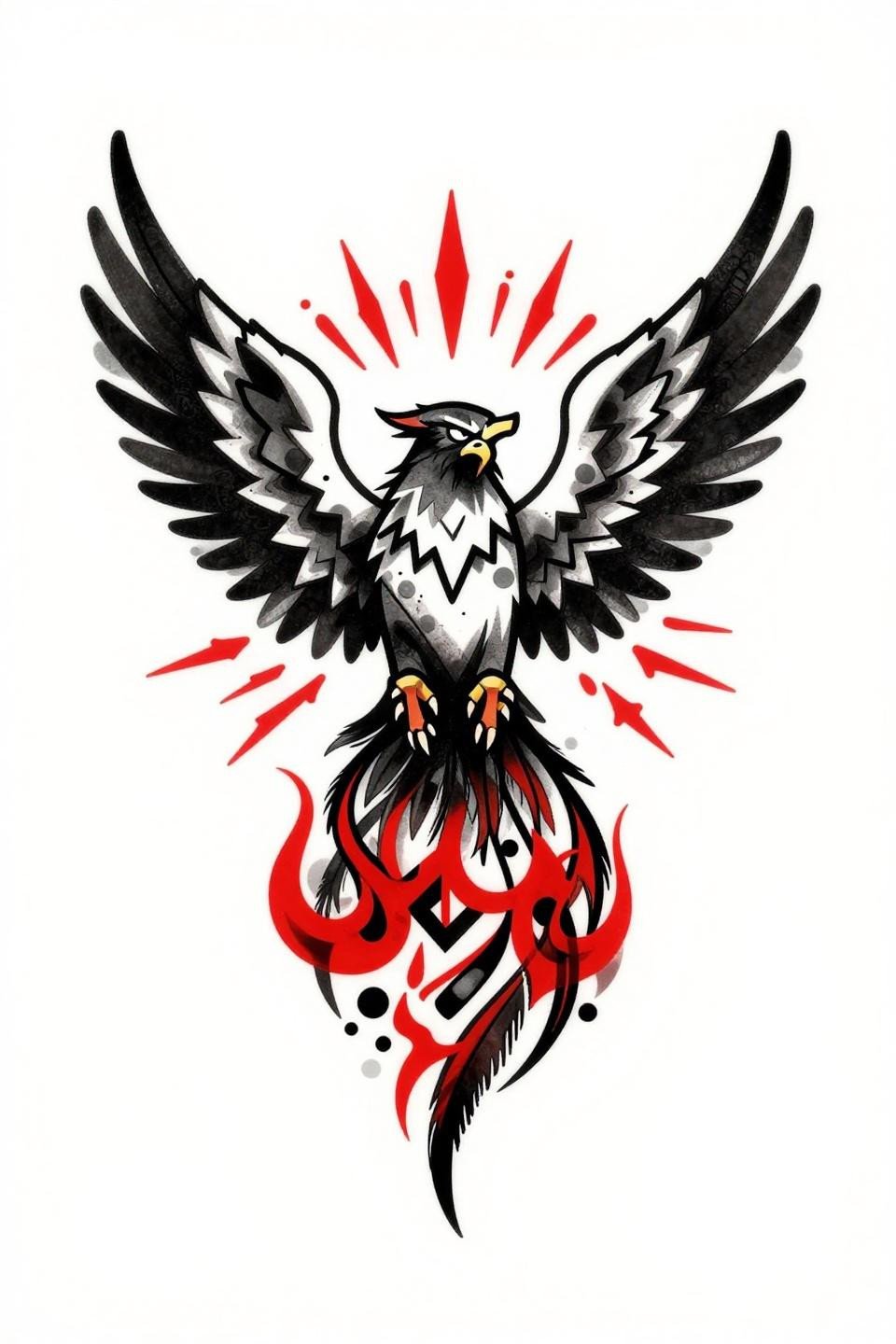 coverup tattoo designs for women trash polka phoenix flash, bold 4pt black outlines, crimson red accent on solid blackwork, angular shard wings, diagonal asymmetric composition