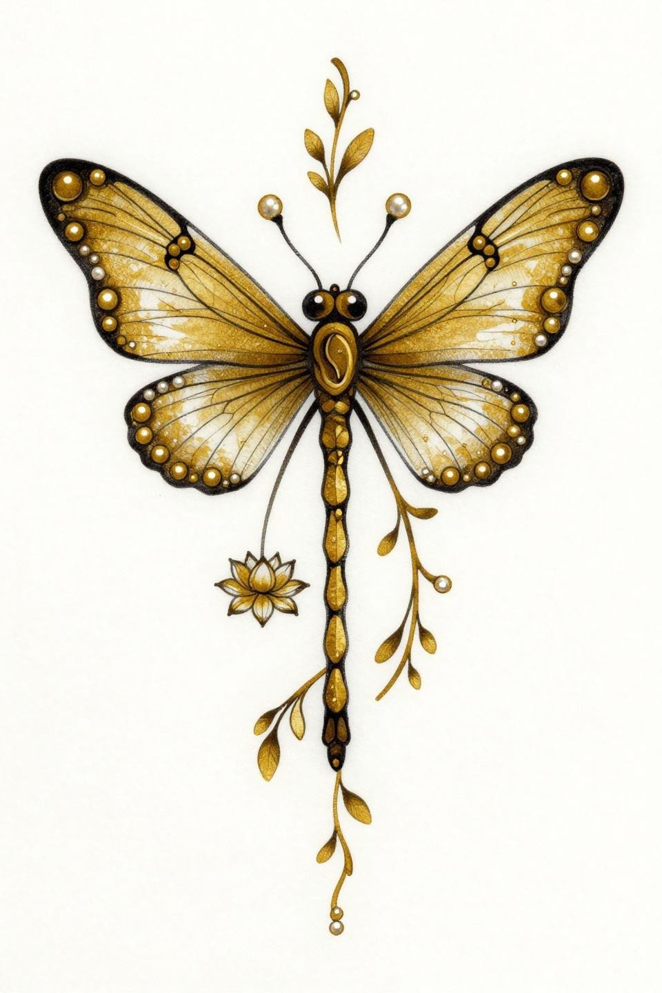 cute henna dragonfly tattoo flash, bilateral wing symmetry, nested teardrop body segments, bold 2-3pt black outline with flat gold fill, pearl-dot vine terminals