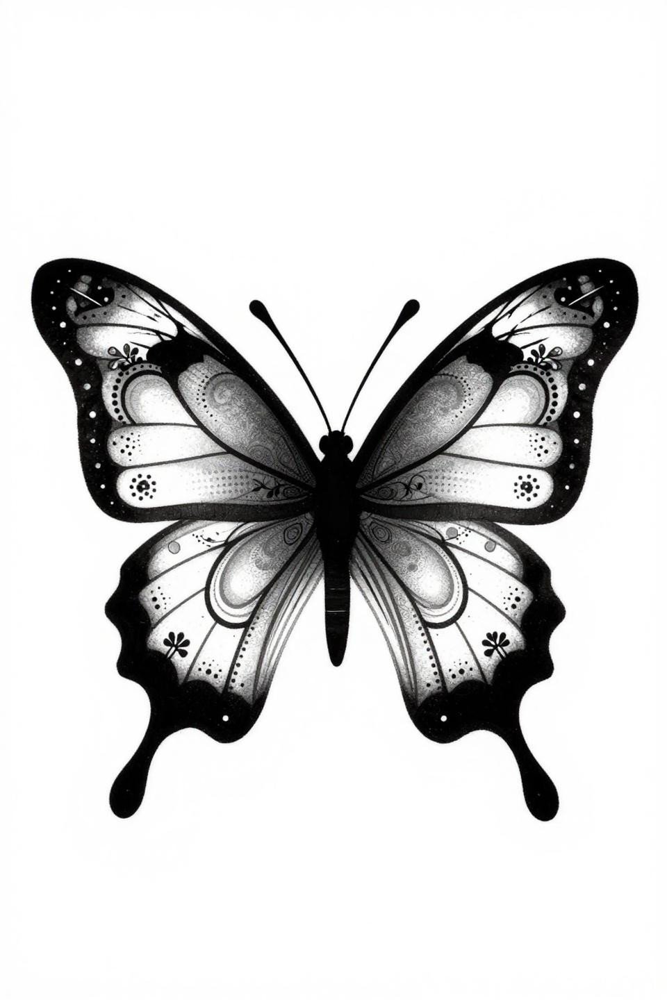 cute henna butterfly geometric tribal tattoo flash, bilateral symmetry, nested circle wing fills with dotwork accent tiers, bold 3pt outlines solid geometric black blocking, grey wash midtones