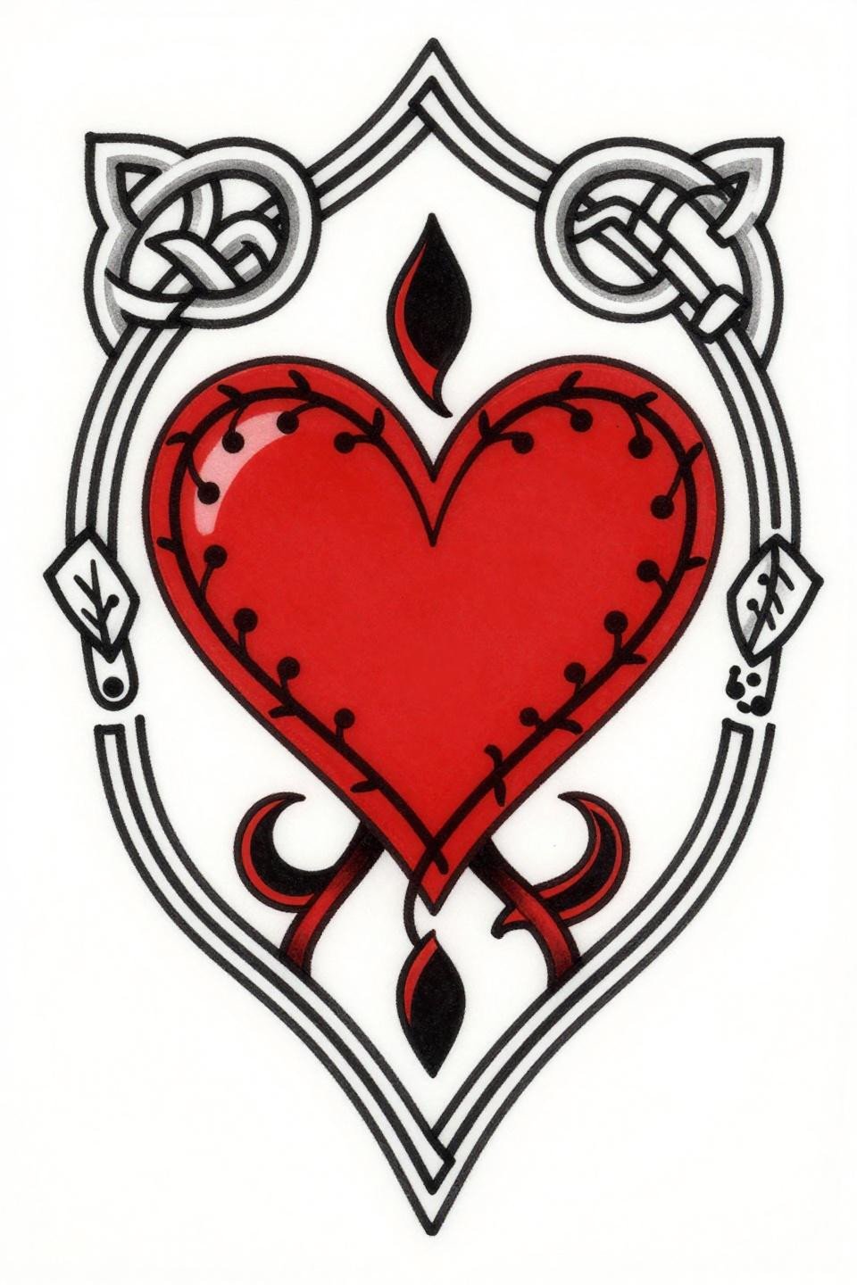 cute henna heart Celtic knotwork tattoo flash, bilateral symmetry, crimson red accent on solid black, interlocking knot border, teardrop core, crescent moon nestled edges, vine spiral base