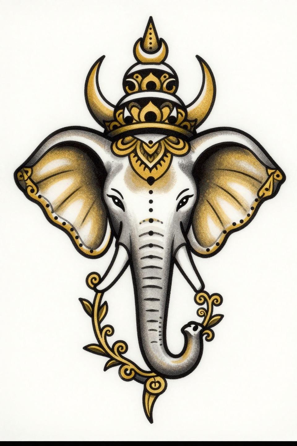 cute henna elephant mandala tattoo flash, traditional American style, forward-facing bilateral symmetry, mandala petal ear fills, spiral trunk vine coils, bold outlines flat gold black fills