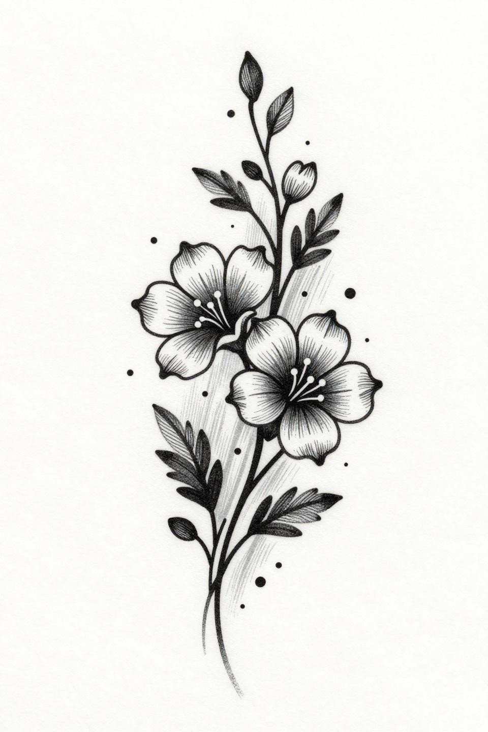 cute henna floral spray tattoo flash, etching woodcut style, three-petal bloom, parallel ruled 0.5pt hatching, alternating leaf pairs on ascending vine, dense black ink grey wash midtones