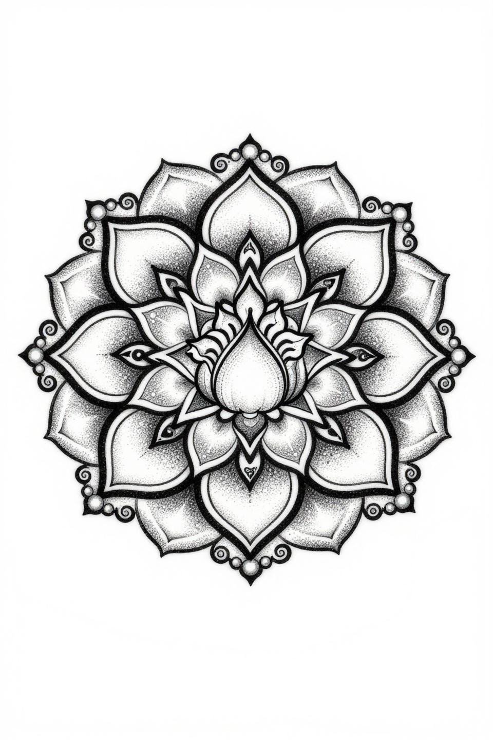 cute henna mandala tattoo flash, blackwork dotwork style, seven-petal lotus, stipple dot gradient dense-to-open, radial symmetry, crescent moon petal accents, dense black ink no grey wash
