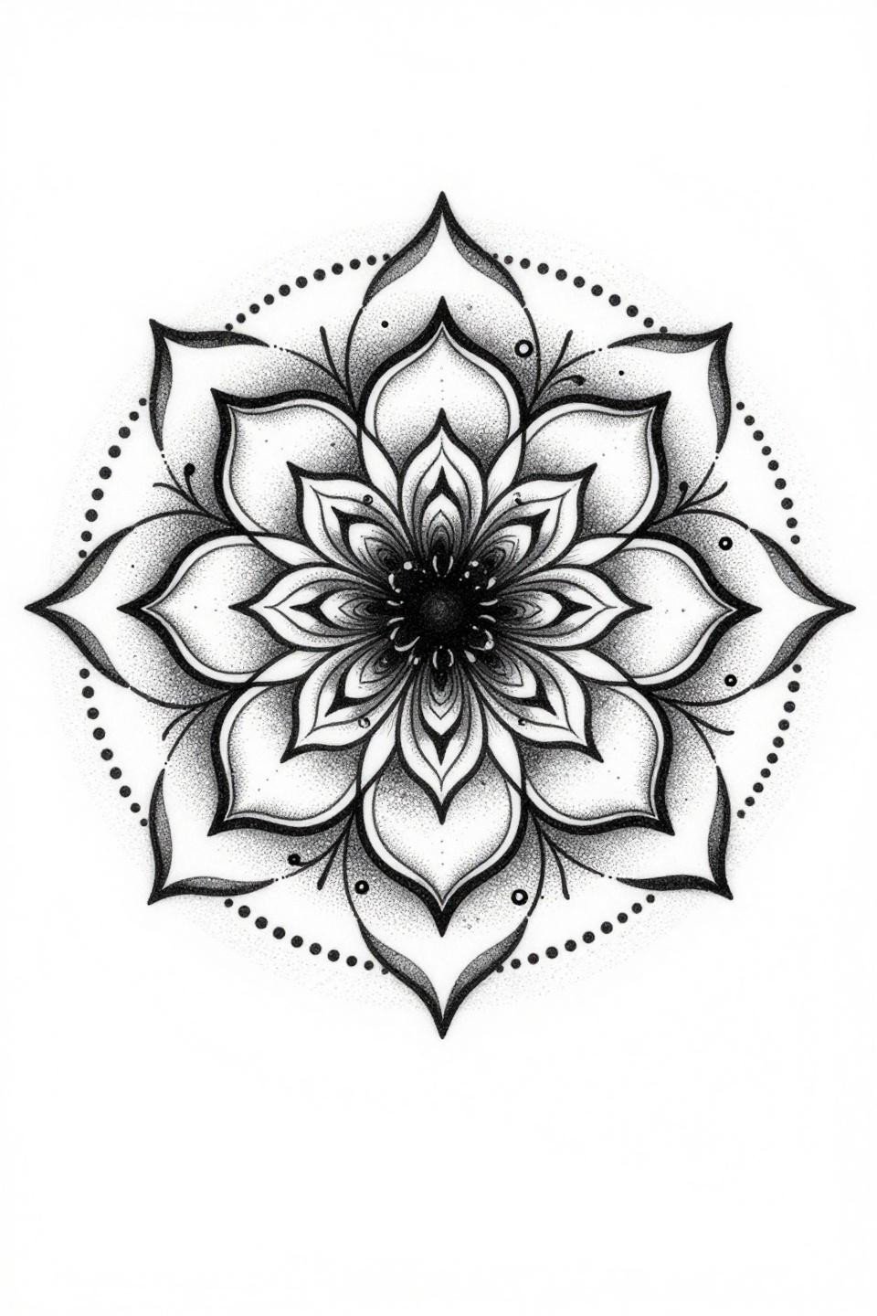 cute henna mandala dotwork botanical tattoo flash, six-petal lotus center, stipple dot dense-to-open gradient, crescent moon petal gaps, concentric dot rings framing layers, dense black ink no grey wash