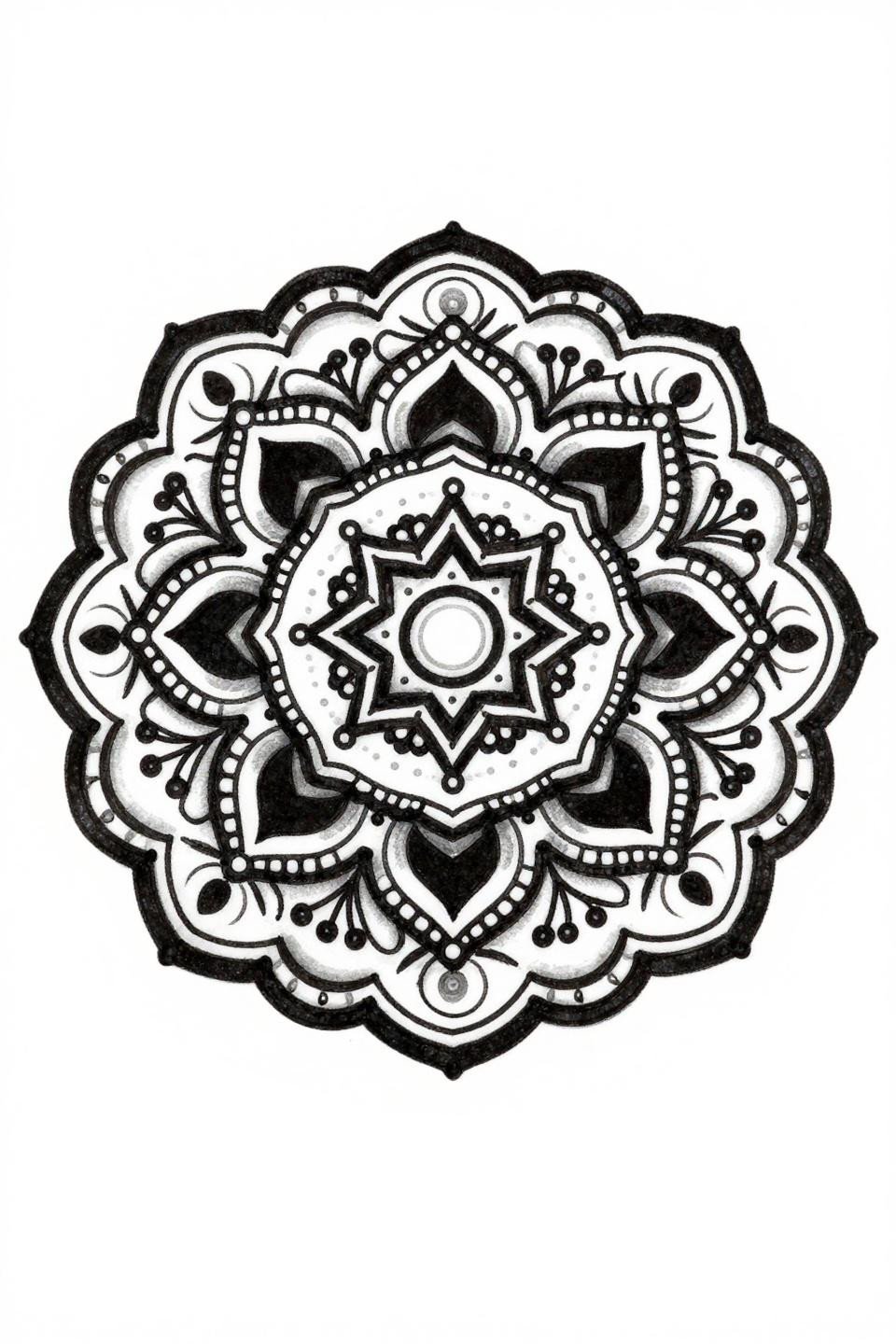 cute henna mandala sak yant style tattoo flash, eight-point star center, concentric alternating petal rings, pearl-dot vine tendrils, scalloped crescent border, bold 2-3pt outlines dense black ink
