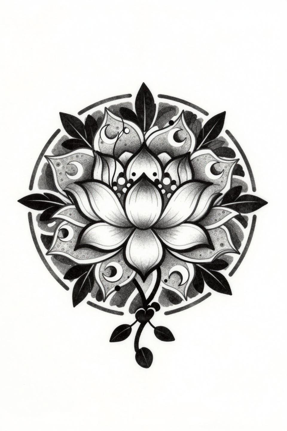 cute henna mandala lotus irezumi style tattoo flash, four-petal lotus center, radiating vine tendrils, scalloped arc outer ring with internal dotwork, bold 2-3pt outlines flat black ink grey wash midtones