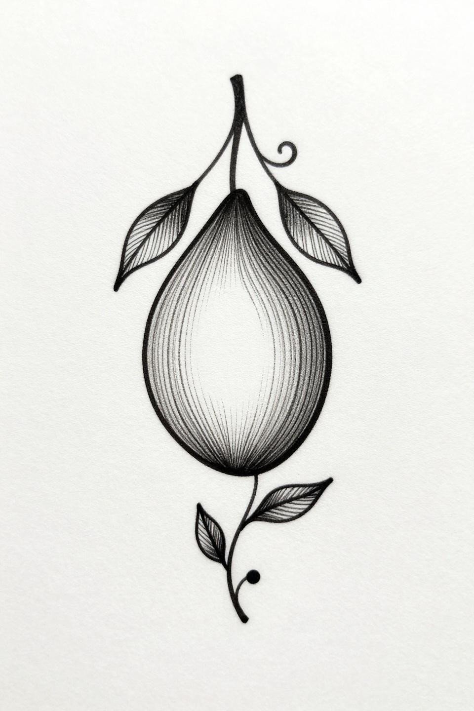 cute henna mango motif tattoo flash, art deco style, teardrop silhouette parallel engraved line fill horizontal striping, vine tendrils stem base, three-dot leaf clusters, single centered composition dense black ink