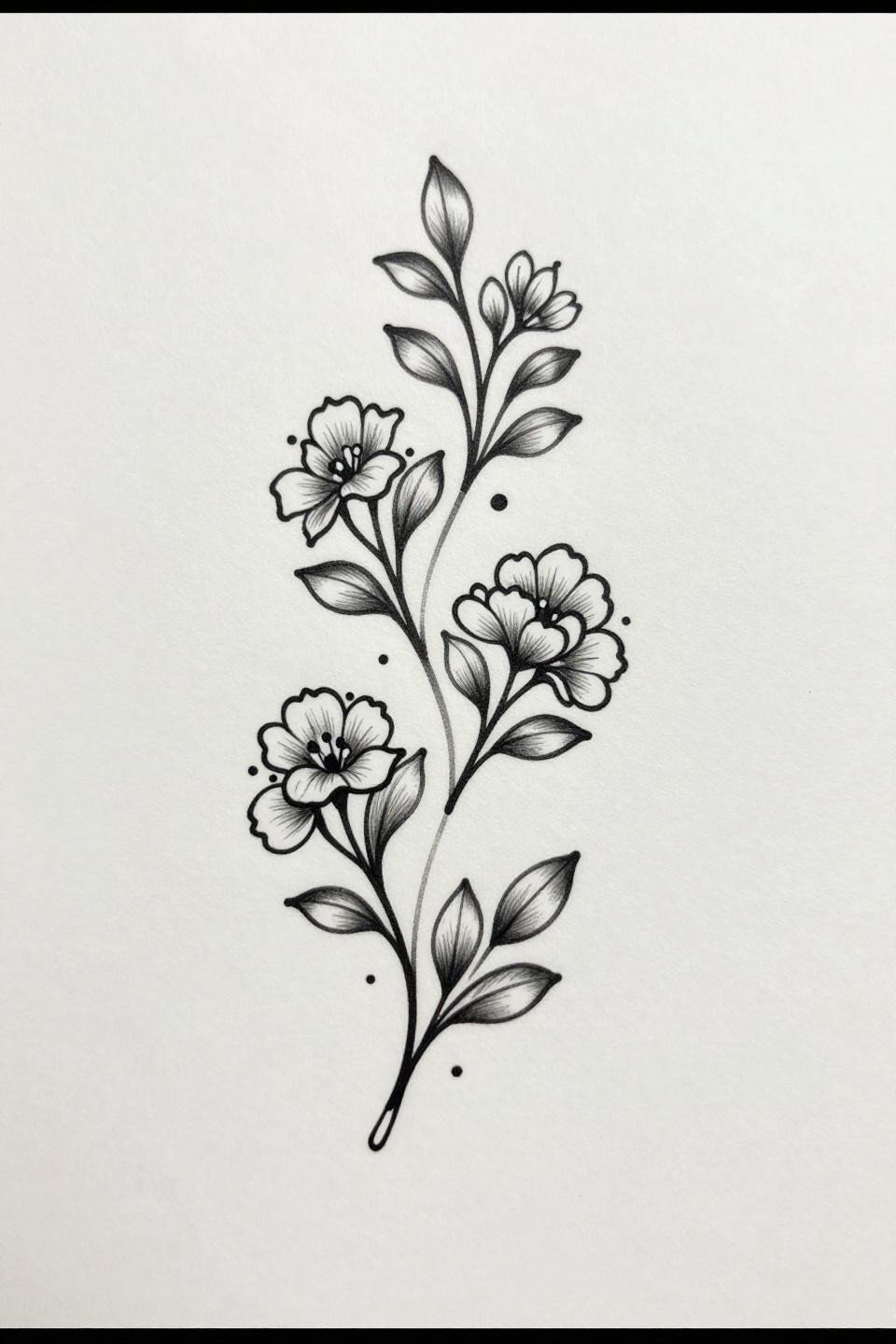 cute henna vine minimal tattoo flash, fine line single needle style, hairline 0.3pt continuous line strokes, three floral clusters, alternating curved leaf motifs, open negative space, dense black ink grey wash dilution