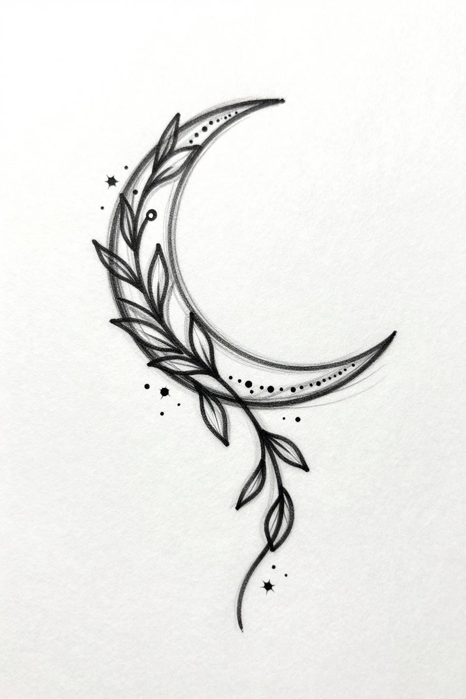 cute henna minimal mehndi crescent moon tattoo flash, sketch raw style, gestural 1pt loose outlines, asymmetric star cluster accents, fine dot leaf pairs on curved stem, flat black ink no grey wash