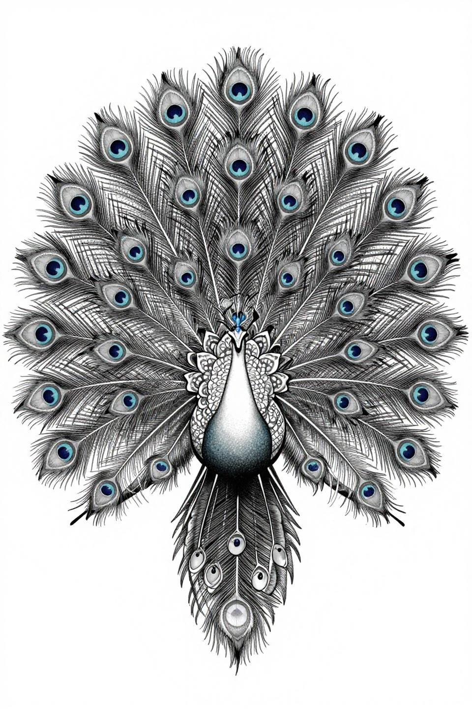 cute henna peacock dotwork tattoo flash, botanical scientific style, fibonacci spiral tail fans, teardrop mandala feather eyes, hairline 0.5mm single needle strokes, stipple quill shafts, grey wash dilution open negative space