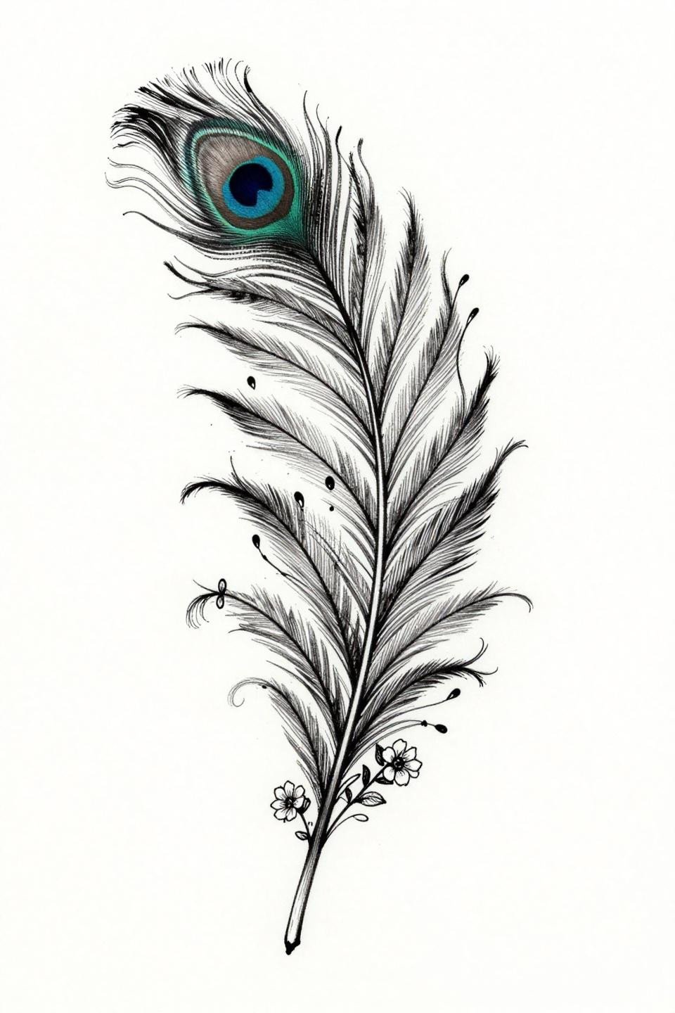 cute henna peacock feather tattoo flash, single continuous calligraphic line style, unbroken brush stroke quill, trailing vine tendrils, teardrop spacers, three floral clusters base, dense black ink no fill