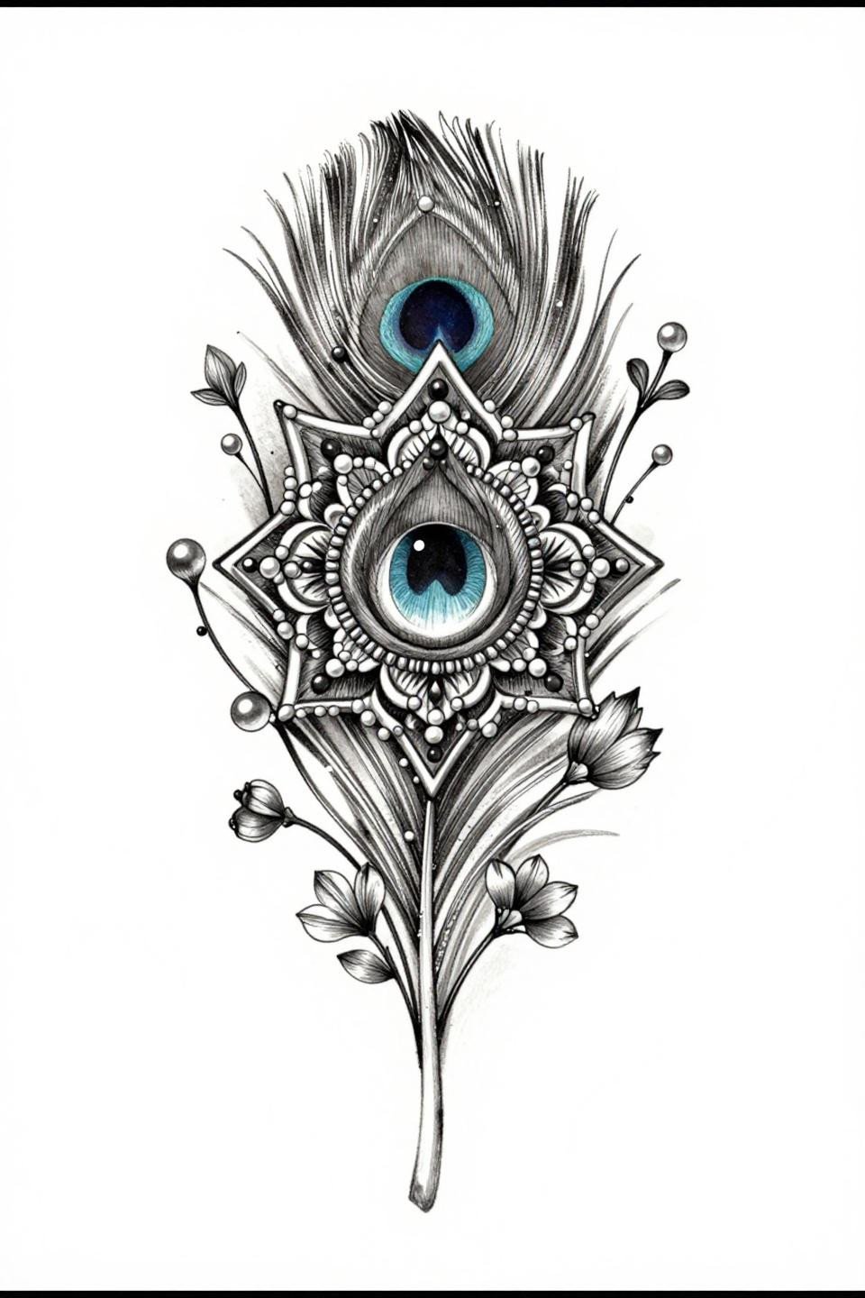 cute henna peacock feather tattoo flash, micro realism style, nested teardrop mandala eye, whip shading grey wash gradient, dense black ink with pearl-dot vine terminals