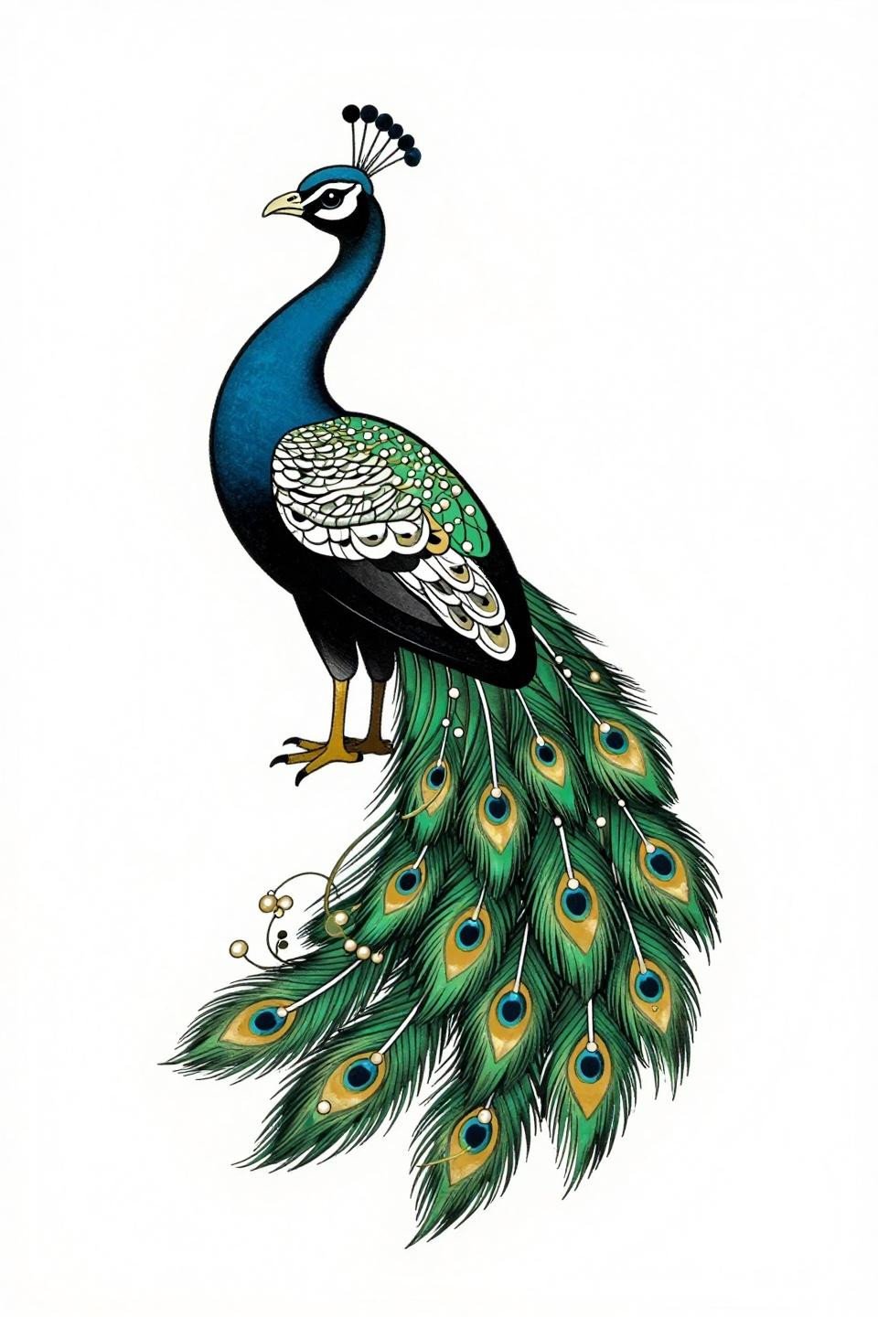 cute henna peacock tattoo flash, neo-traditional style, stacked fan tail feathers, pearl-dot terminals, bold 2-3pt outlines, flat forest green and gold fills, negative space body cutouts