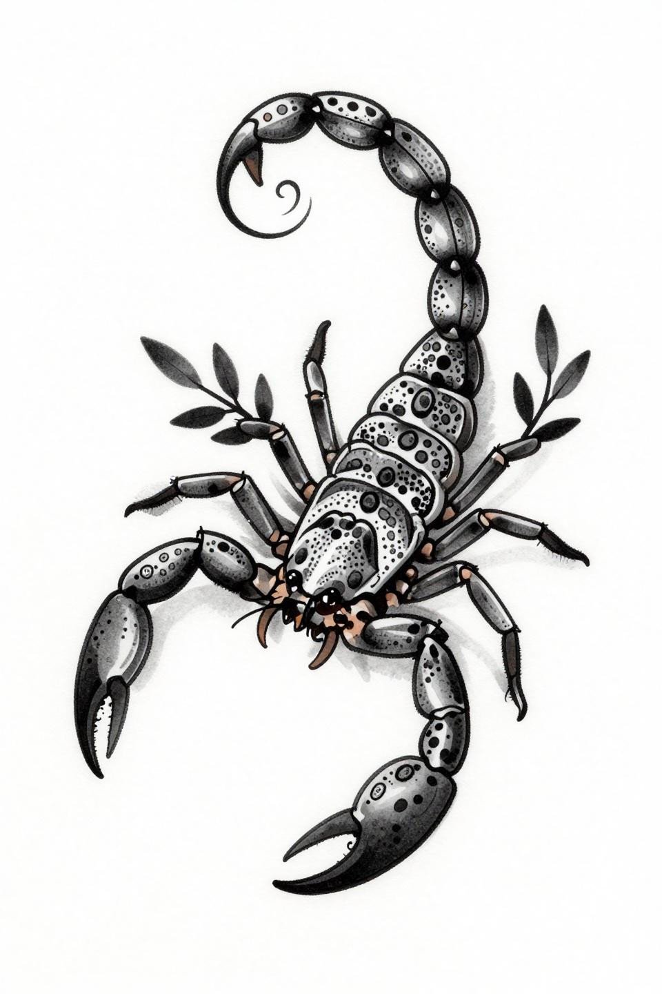 cute henna scorpion tattoo flash, ignorant style, spiral curved tail, segmented body internal dotwork, teardrop pincer terminals, 3-4pt chunky black outlines, flat black ink fills