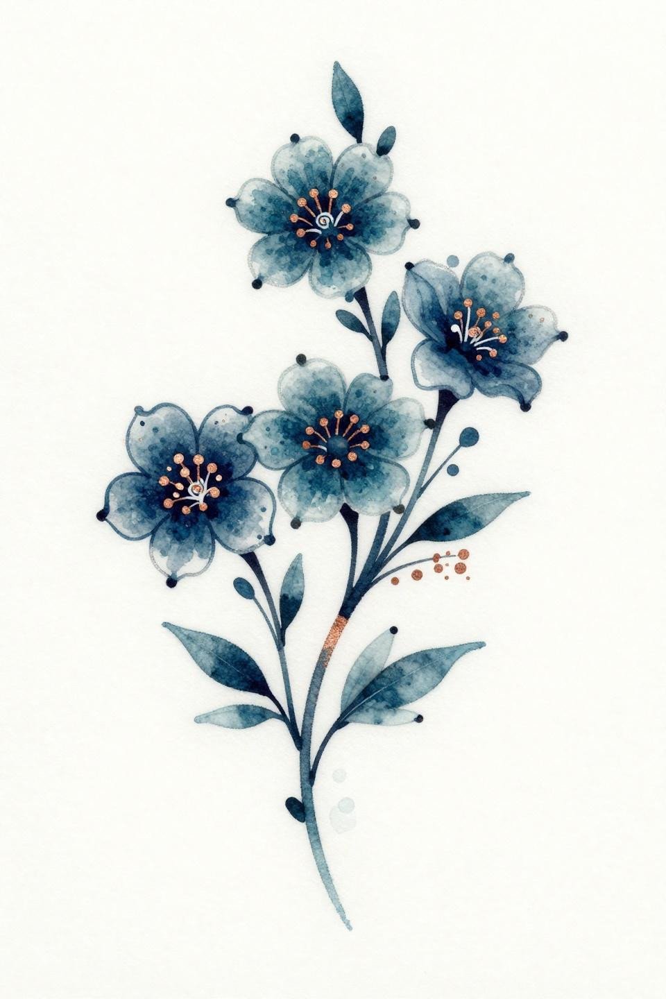 cute henna watercolor bloom tattoo flash, watercolor splash style, five-petal spiral center, calligraphic brush ink marks, deep teal wash copper metallic accent, open negative space, no outline anchor